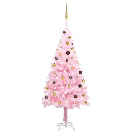 Brad Crăciun pre-iluminat cu set globuri, roz, 180 cm, PVC - Img 1