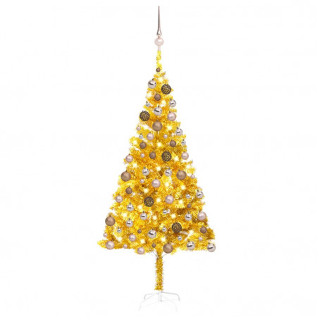 Brad de Crăciun artificial cu LED/globuri auriu 180 cm PET