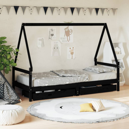 Cadru de pat copii cu sertare, negru, 90x200 cm, lemn masiv pin - Img 1