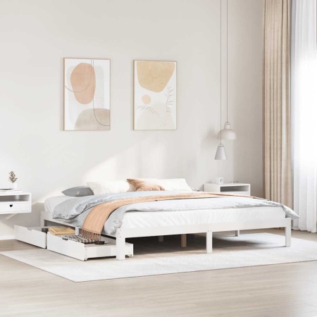 Cadru de pat cu sertare, alb, 180x200 cm, lemn masiv pin