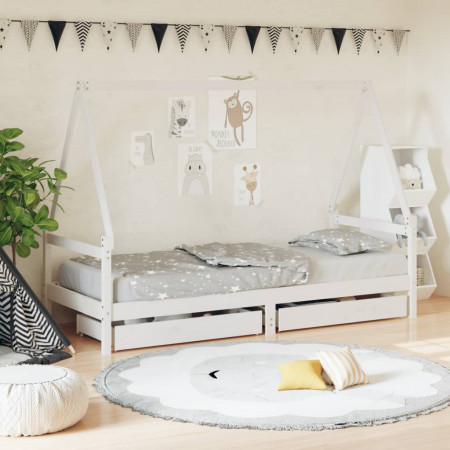 Cadru de pat cu sertare de copii, alb, 90x200 cm lemn masiv pin - Img 1