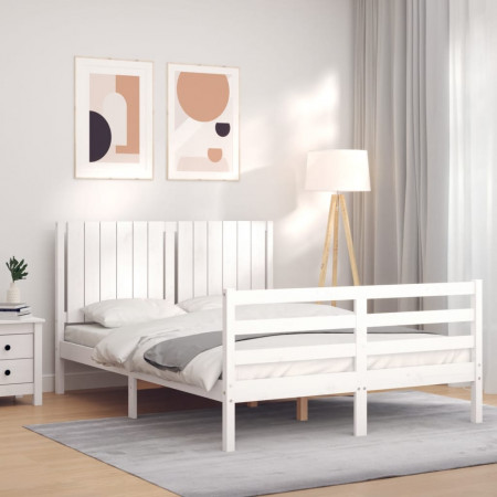 Cadru de pat cu tăblie, 140x190 cm, alb, lemn masiv