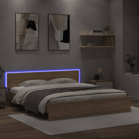 Cadru de pat cu tăblie și LED, stejar sonoma, 200x200 cm