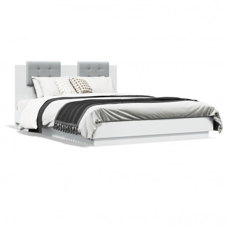 Cadru de pat cu tăblie și lumini LED, alb, 140x200 cm