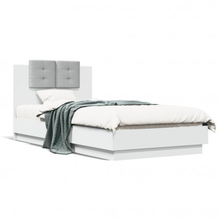 Cadru de pat cu tăblie și lumini LED, alb, 75x190 cm