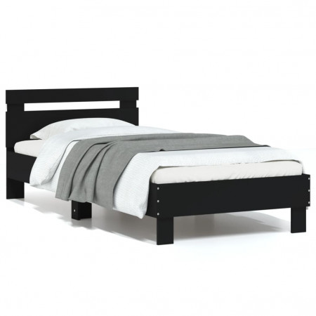 Cadru de pat cu tăblie și lumini LED, negru, 75x190 cm