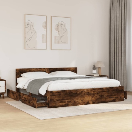 Cadru de pat cu tăblie stejar fumuriu 180x200 cm lemn prelucrat