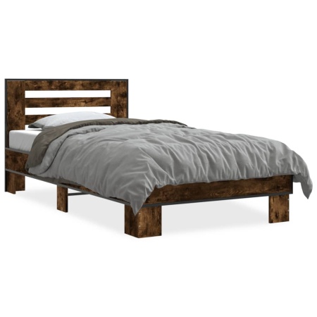Cadru de pat, stejar fumuriu, 90x200cm, lemn prelucrat și metal