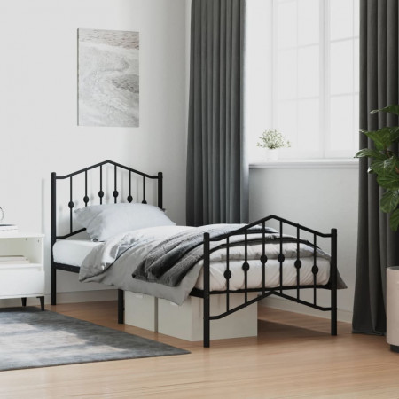 Cadru pat metalic cu tăblii de cap/picioare negru, 90x190 cm