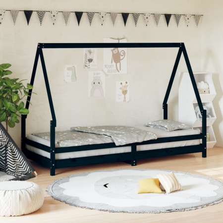 Cadru pat pentru copii, negru, 90x200 cm, lemn masiv de pin - Img 1