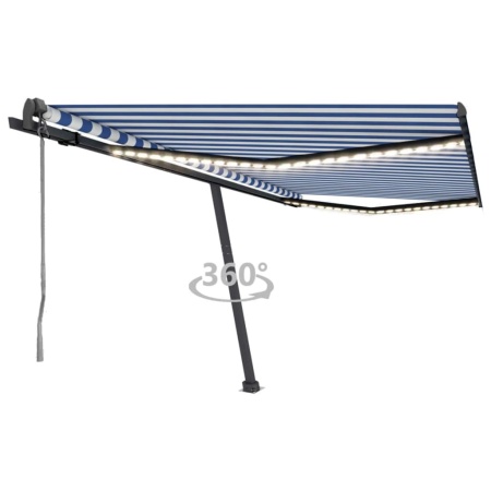 Copertină automată cu LED&senzor vânt, albastru&alb, 450x350 cm