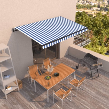 Copertină retractabilă automat, albastru și alb, 450x350 cm