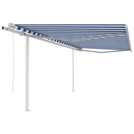 Copertină retractabilă automat, cu stâlpi, albastru&alb, 4x3 m