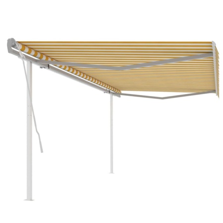 Copertină retractabilă manual, cu stâlpi, galben și alb, 5x3 m