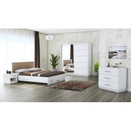 Dormitor Solano, alb, dulap 183 cm, pat cu tablie tapitata camel 160x200 cm, 2 noptiere, comoda - Img 1