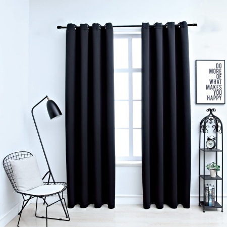 Draperii opace cu inele metalice, 2 buc., negru, 140 x 225 cm