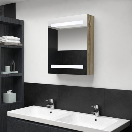 Dulap de baie cu oglindă și LED, stejar, 50x14x60 cm