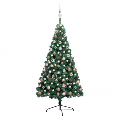 Jumătate brad Crăciun pre-iluminat cu set globuri verde 150 cm