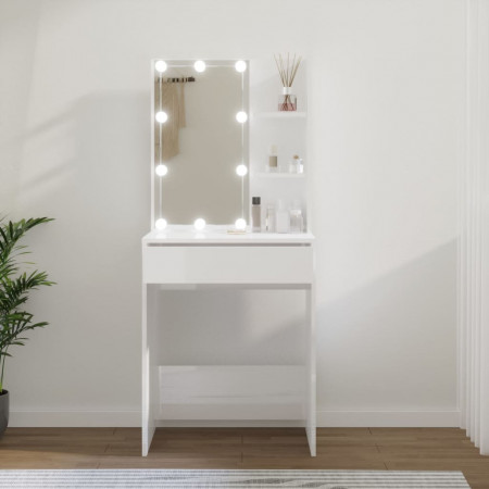 Masă de toaletă cu LED, alb extralucios, 60x40x140 cm