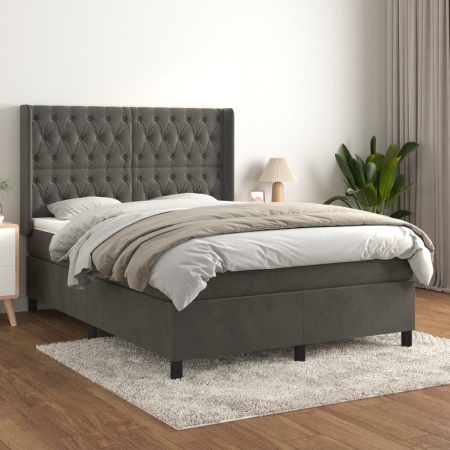 Pat box spring cu saltea, gri închis, 140x200 cm, catifea - Img 1