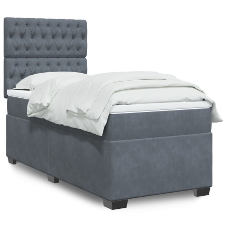 Pat box spring cu saltea, gri închis, 90x190 cm, catifea
