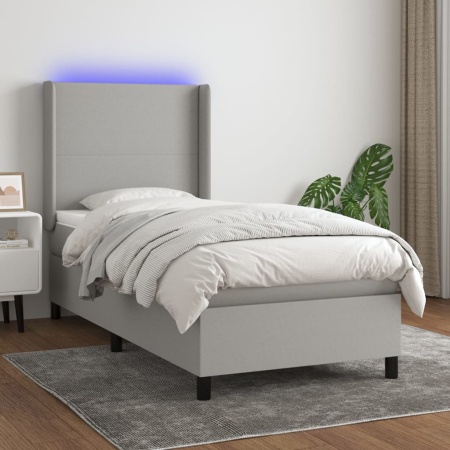Pat cu arcuri, saltea și LED, gri deschis, 90x190 cm, textil