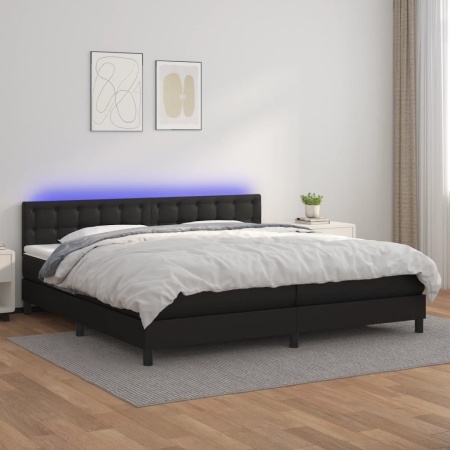 Pat cu arcuri, saltea și LED, negru, 200x200cm, piele ecologică
