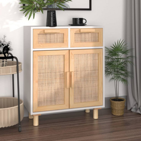 Servantă, alb, 60x30x75 cm, lemn masiv pin și ratan natural