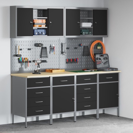 Set birou cu pegboard , 10 piese, MDF și metal negru