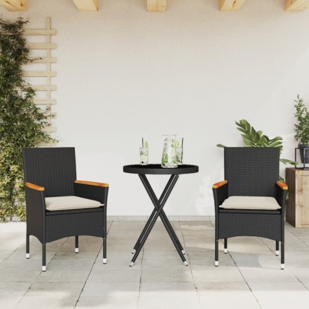 Set bistro cu perne, 3 piese, negru, poliratan și sticlă