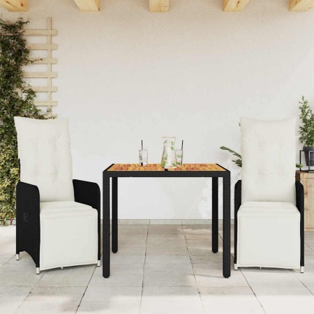 Set bistro de grădină cu perne, 3 piese, negru, poliratan - Img 1