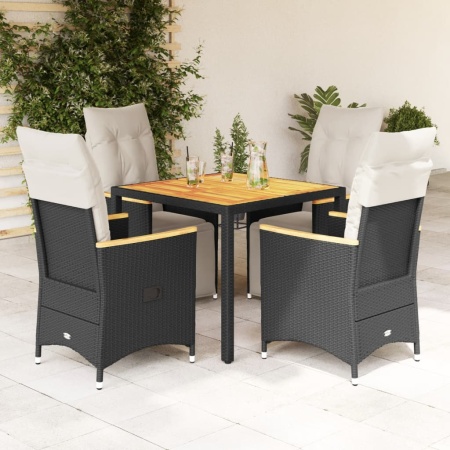 Set bistro de grădină cu perne, 5 piese, negru, poliratan