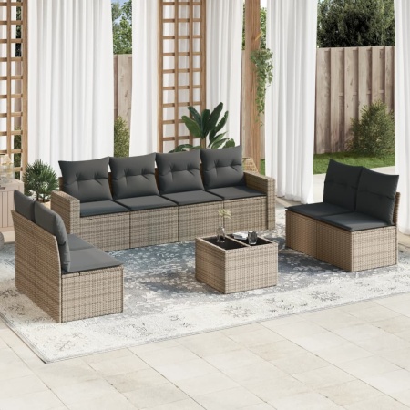 Set canapele de grădină, 9 piese, cu perne, bej, poliratan