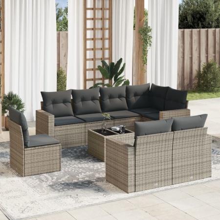 Set canapele de grădină, 9 piese, cu perne, gri, poliratan