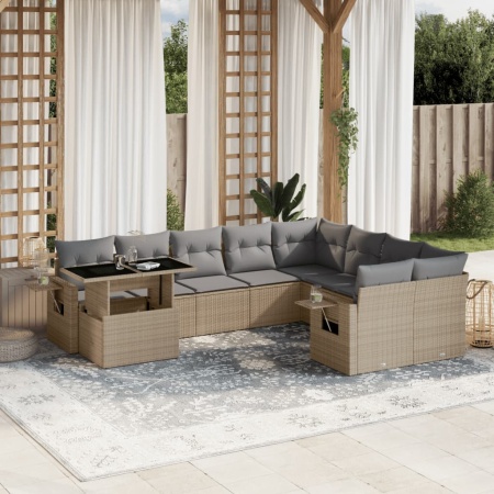 Set canapele de grădină cu perne, 10 piese, bej, poliratan