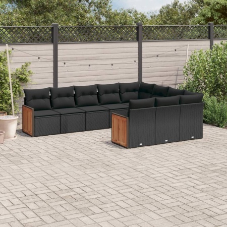 Set canapele de grădină cu perne, 10 piese, negru, poliratan