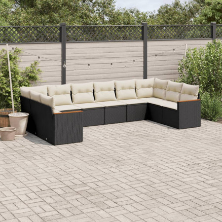 Set canapele de grădină cu perne, 10 piese, negru, poliratan