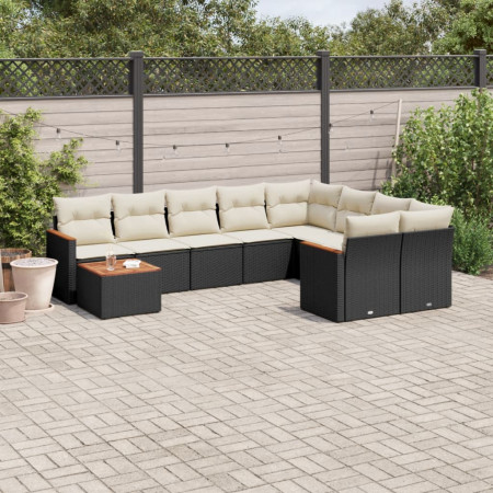 Set canapele de grădină cu perne, 10 piese, negru, poliratan