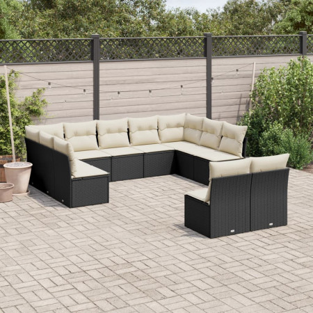 Set canapele de grădină cu perne, 11 piese, negru, poliratan