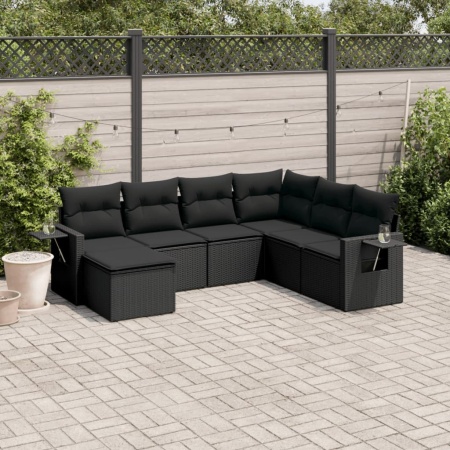 Set canapele de grădină cu perne, 7 piese, negru, poliratan