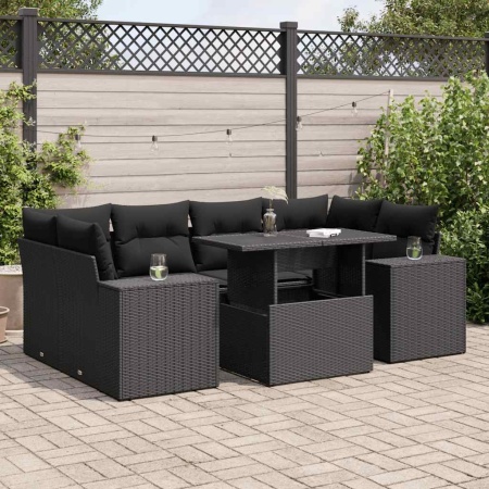 Set canapele de grădină cu perne, 7 piese, negru, poliratan - Img 1