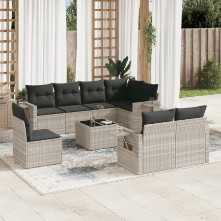 Set canapele de grădină cu perne, 9 piese gri deschis poliratan