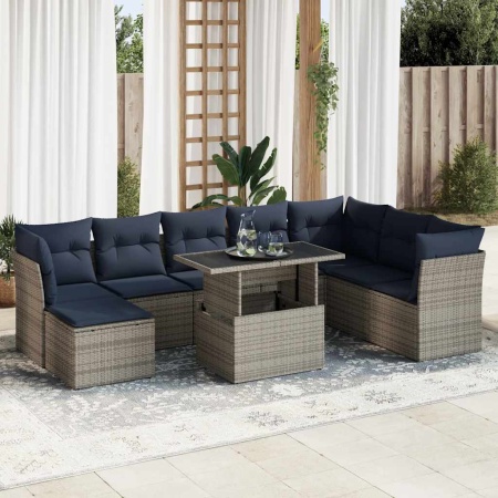 Set canapele grădină cu perne 9 piese gri poliratan/lemn acacia - Img 1