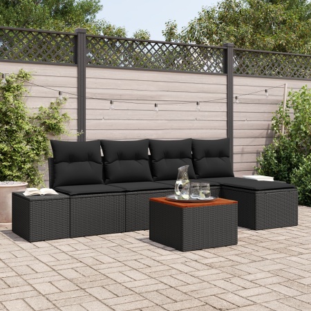 Set de 6 Piese pentru Grădină cu Perne Negru din Ratan Acacia - Img 1