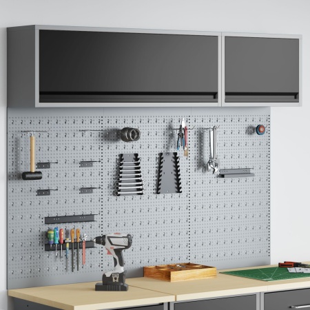 Set de Cabinet pentru Unelte și Panou cu Cuie 5 Piese Montat pe Perete Metal Negru