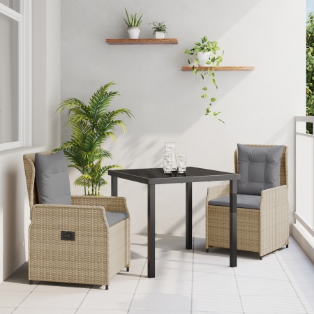 Set de cină pentru grădină de 3 piese din poliratan bej, Masă de grădină neagră 80x80x73 cm din sticlă securizată