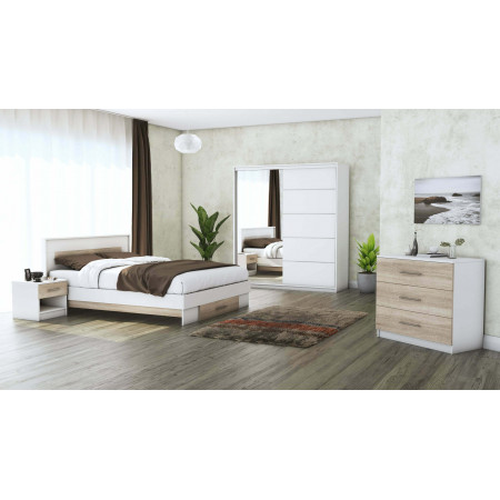 Set dormitor Beta, alb / sonoma, dulap 183 cm, pat 140×200 cm, 2 noptiere, comoda