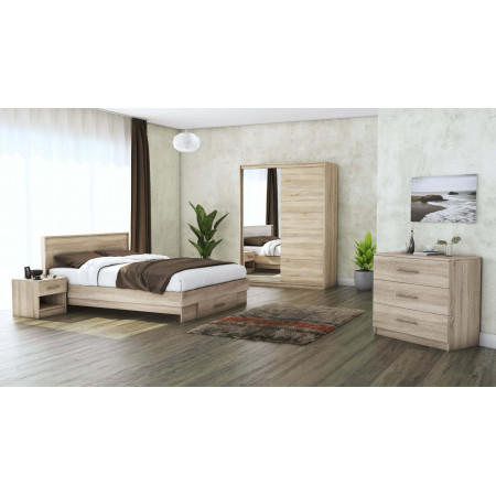 Set Dormitor Beta, sonoma, dulap 150 cm, pat 140×200 cm, 2 noptiere, comoda