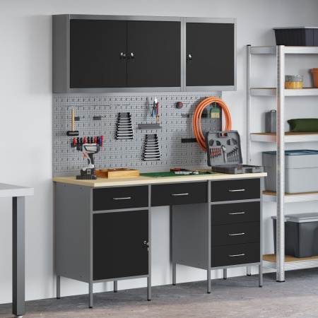Set dulap lucru & panou cârlige, 8 piese, negru, MDF & metal