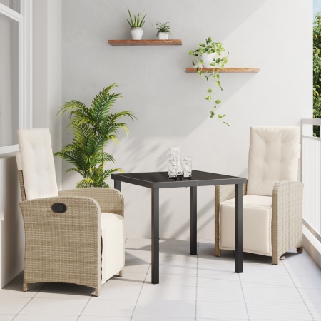 Set mese grădină 3 piese cu perne bej din ratan poli, Masă grădină Neagră 80x80x73 cm din sticlă securizată